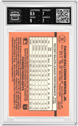 Cal Ripken Jr. from the 1990 Donruss set graded by Arena Club and given an overall grade of 7.5.