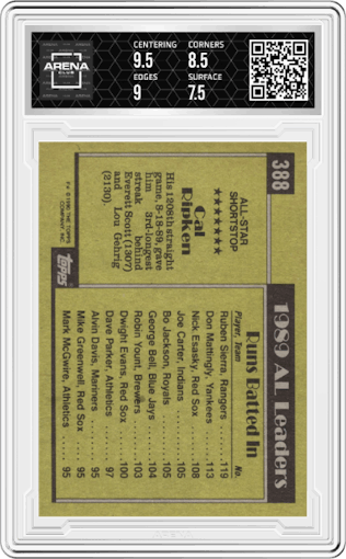Cal Ripken from the 1990 Topps set graded by Arena Club and given an overall grade of 8.