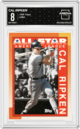 Cal Ripken from the 1990 Topps set graded by Arena Club and given an overall grade of 8.