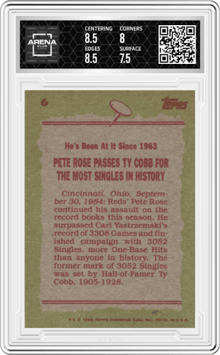 Pete Rose from the 1985 Topps set graded by Arena Club and given an overall grade of 8.