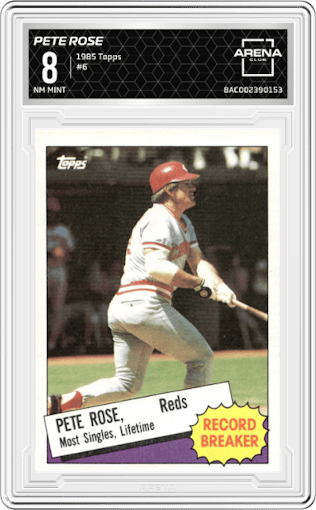 Pete Rose from the 1985 Topps set graded by Arena Club and given an overall grade of 8.