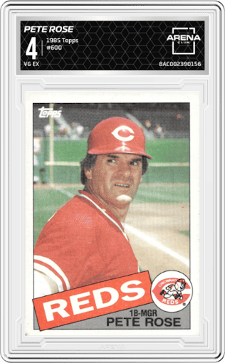 Pete Rose from the 1985 Topps set graded by Arena Club and given an overall grade of 4.