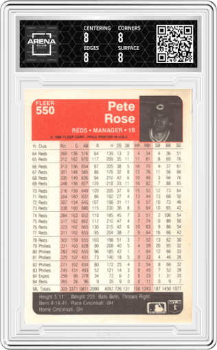 Pete Rose from the 1985 Fleer set graded by Arena Club and given an overall grade of 8.