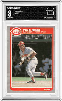 Pete Rose from the 1985 Fleer set graded by Arena Club and given an overall grade of 8.