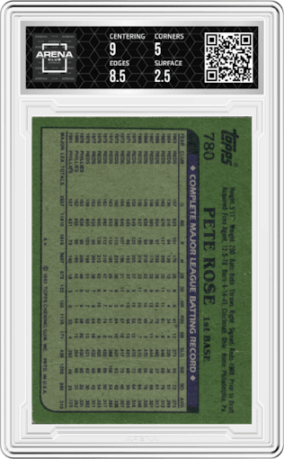 Pete Rose from the 1982 Topps set graded by Arena Club and given an overall grade of 3.