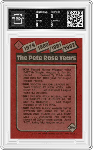 Pete Rose from the 1986 Topps set featuring a Rose Special: 1979-1982 parallel graded by Arena Club and given an overall grade of 6.5.