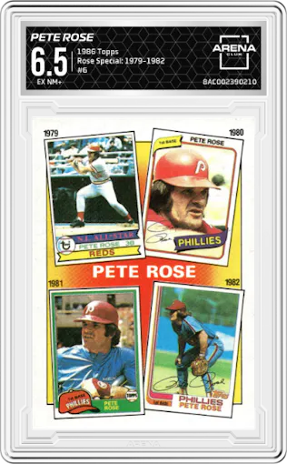 Pete Rose from the 1986 Topps set featuring a Rose Special: 1979-1982 parallel graded by Arena Club and given an overall grade of 6.5.