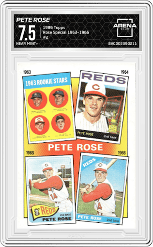 Pete Rose from the 1986 Topps set featuring a Rose Special 1963-1966 parallel graded by Arena Club and given an overall grade of 7.5.