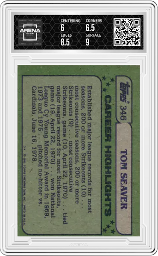Tom Seaver from the 1982 Topps set graded by Arena Club and given an overall grade of 6.5.
