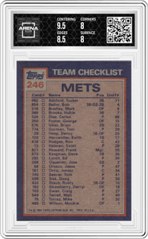 Tom Seaver/Mookie Wilson from the 1984 Topps set graded by Arena Club and given an overall grade of 8.5.