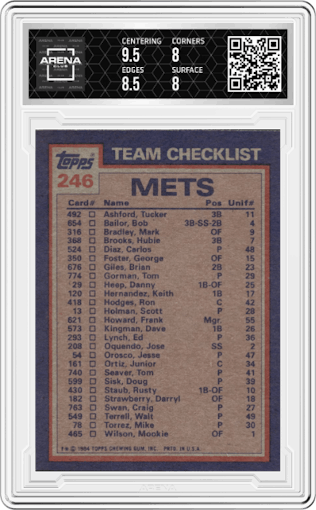 Tom Seaver/Mookie Wilson from the 1984 Topps set graded by Arena Club and given an overall grade of 8.5.