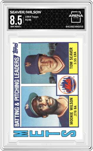 Tom Seaver/Mookie Wilson from the 1984 Topps set graded by Arena Club and given an overall grade of 8.5.
