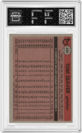 Tom Seaver from the 1981 Topps set graded by Arena Club and given an overall grade of 6.