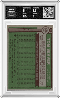 Tom Seaver from the 1976 Topps set graded by Arena Club and given an overall grade of 7.