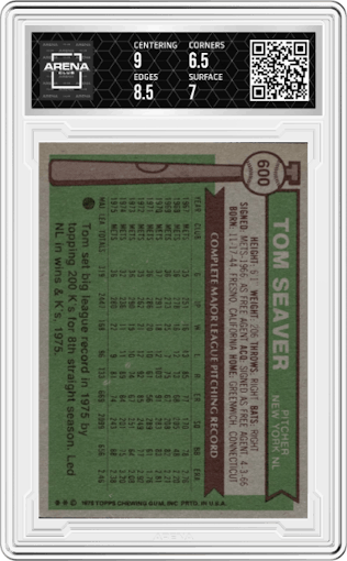 Tom Seaver from the 1976 Topps set graded by Arena Club and given an overall grade of 7.