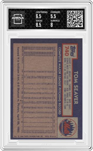 Tom Seaver from the 1984 Topps set graded by Arena Club and given an overall grade of 6.