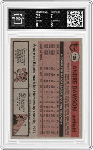 Andre Dawson from the 1981 Topps set graded by Arena Club and given an overall grade of 7.5.