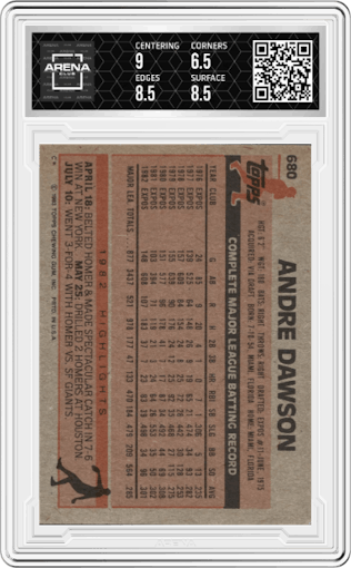 Andre Dawson	 from the 1983 Topps set graded by Arena Club and given an overall grade of 7.