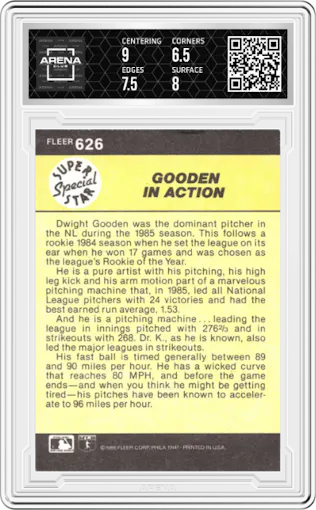 Gooden In Action from the 1986 Fleer set graded by Arena Club and given an overall grade of 7.