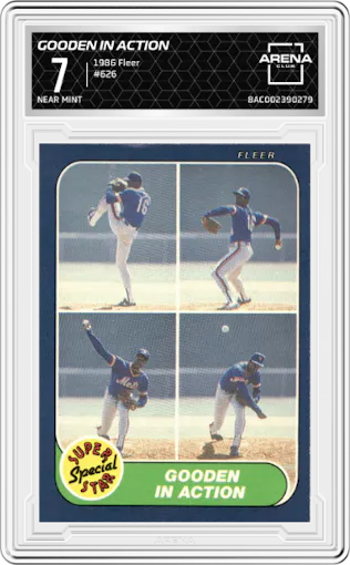 Gooden In Action from the 1986 Fleer set graded by Arena Club and given an overall grade of 7.