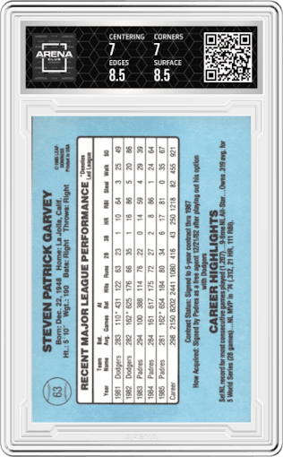 Steve Garvey from the 1986 Donruss set graded by Arena Club and given an overall grade of 7.5.