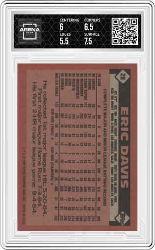 Eric Davis from the 1986 Topps set graded by Arena Club and given an overall grade of 6.