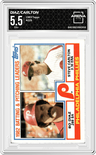 Bo Diaz / Steve Carlton from the 1983 Topps set graded by Arena Club and given an overall grade of 5.5.