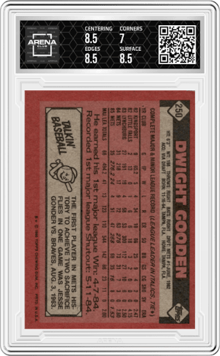 Dwight Gooden from the 1986 Topps set graded by Arena Club and given an overall grade of 7.5.