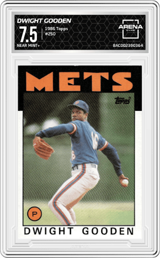 Dwight Gooden from the 1986 Topps set graded by Arena Club and given an overall grade of 7.5.