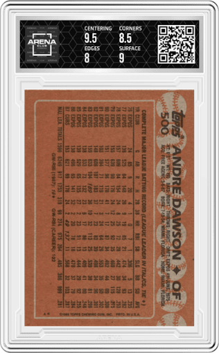 Andre Dawson from the 1988 Topps set graded by Arena Club and given an overall grade of 8.5.