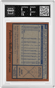 Rollie Fingers from the 1978 Topps set graded by Arena Club and given an overall grade of 5.5.