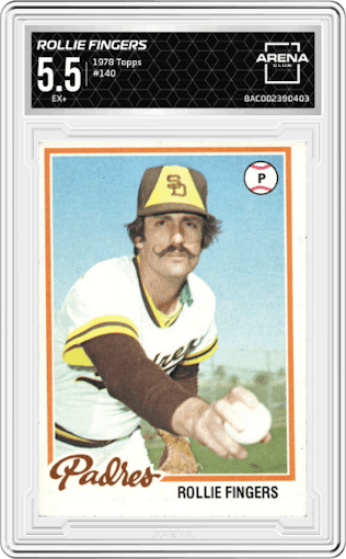 Rollie Fingers from the 1978 Topps set graded by Arena Club and given an overall grade of 5.5.