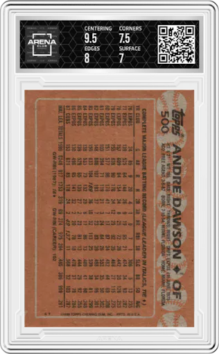 Andre Dawson from the 1988 Topps set graded by Arena Club and given an overall grade of 7.5.