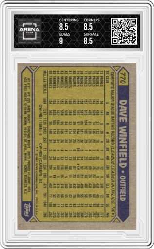 Dave Winfield from the 1987 Topps set graded by Arena Club and given an overall grade of 8.5.