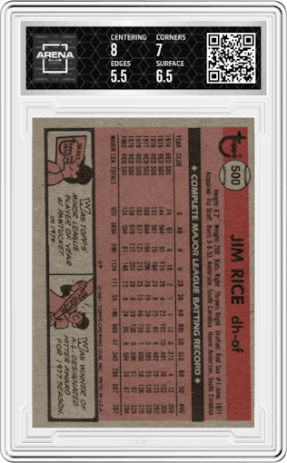 Jim Rice from the 1981 Topps set graded by Arena Club and given an overall grade of 6.