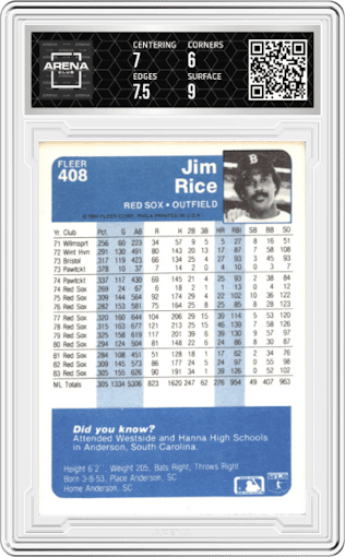 Jim Rice from the 1984 Fleer set graded by Arena Club and given an overall grade of 6.5.