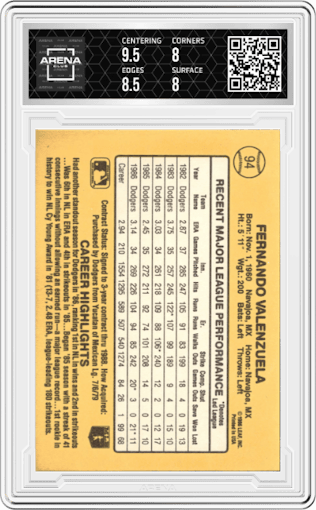 Fernando Valenzuela from the 1987 Donruss set graded by Arena Club and given an overall grade of 8.5.