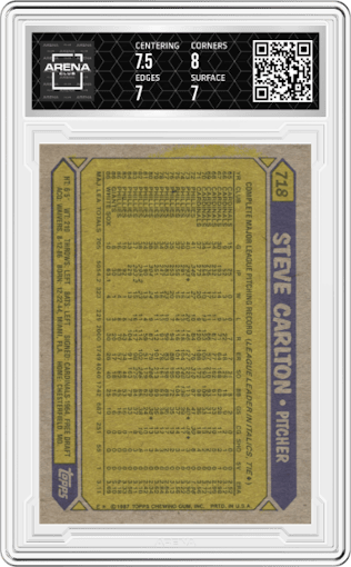 Steve Carlton from the 1987 Topps set graded by Arena Club and given an overall grade of 7.5.