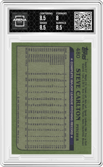 Steve Carlton from the 1982 Topps set graded by Arena Club and given an overall grade of 8.5.