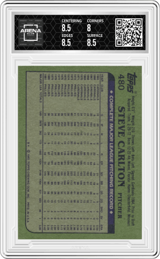 Steve Carlton from the 1982 Topps set graded by Arena Club and given an overall grade of 8.5.
