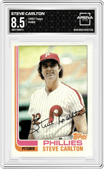 Steve Carlton from the 1982 Topps set graded by Arena Club and given an overall grade of 8.5.