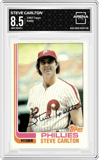 Steve Carlton from the 1982 Topps set graded by Arena Club and given an overall grade of 8.5.