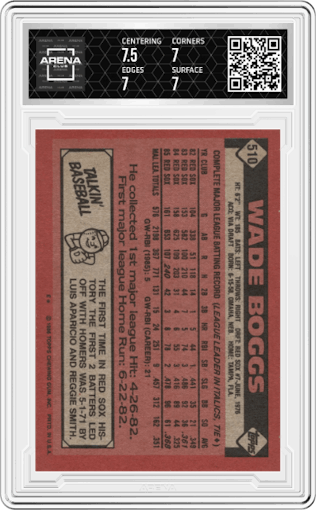 Wade Boggs from the 1986 Topps set graded by Arena Club and given an overall grade of 7.