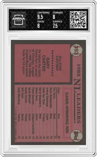 Gary Carter from the 1989 Topps set graded by Arena Club and given an overall grade of 8.