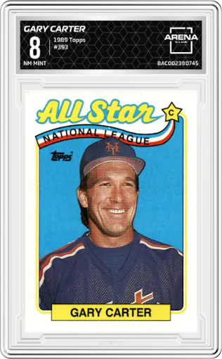 Gary Carter from the 1989 Topps set graded by Arena Club and given an overall grade of 8.