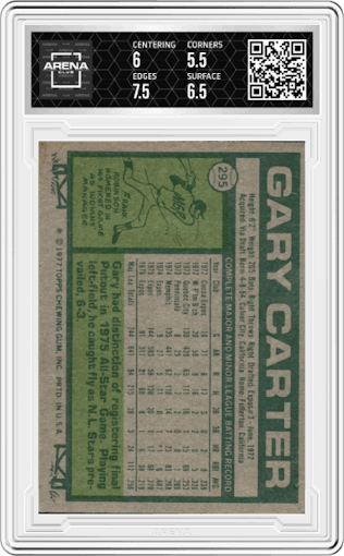 Gary Carter from the 1977 Topps set graded by Arena Club and given an overall grade of 6.