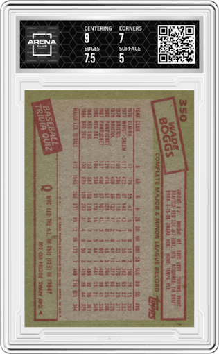 Wade Boggs from the 1985 Topps set graded by Arena Club and given an overall grade of 5.5.