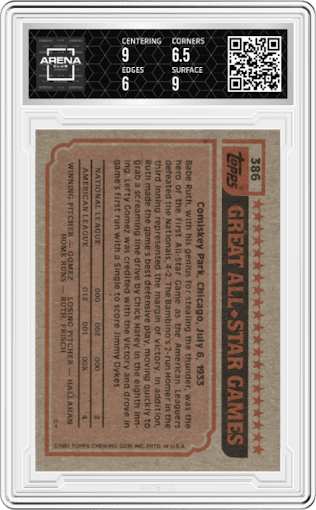 Rod Carew from the 1983 Topps set graded by Arena Club and given an overall grade of 6.5.