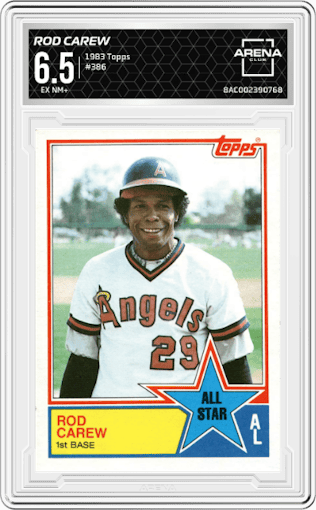 Rod Carew from the 1983 Topps set graded by Arena Club and given an overall grade of 6.5.