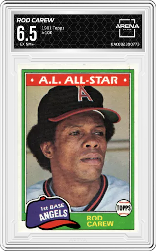 Rod Carew from the 1981 Topps set graded by Arena Club and given an overall grade of 6.5.